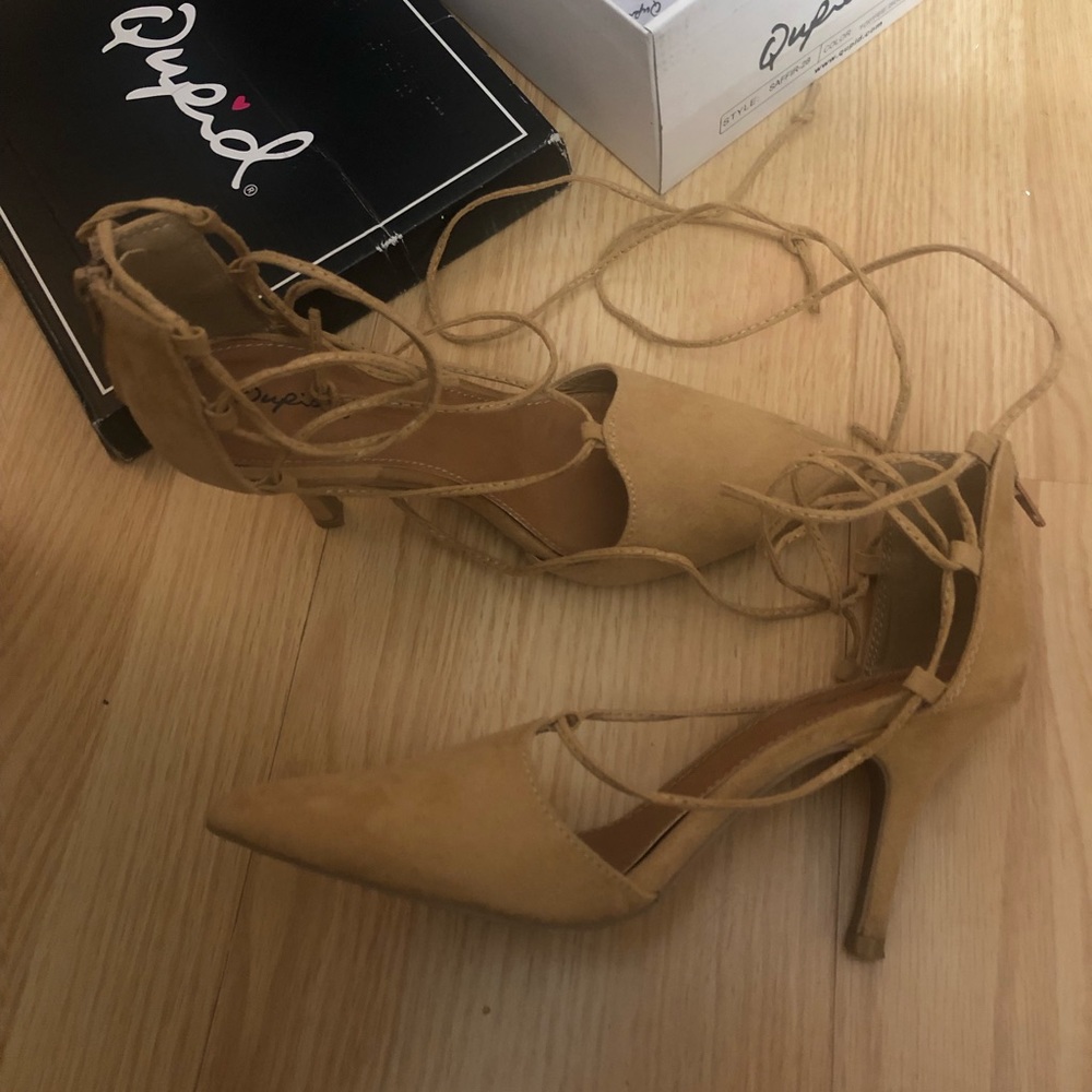 Qupid Lace up nude heels